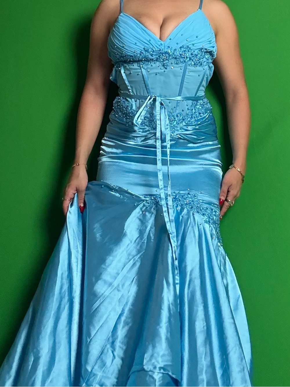 Elegant Light Blue Satin Mermaid Dress with Beaded Bodice